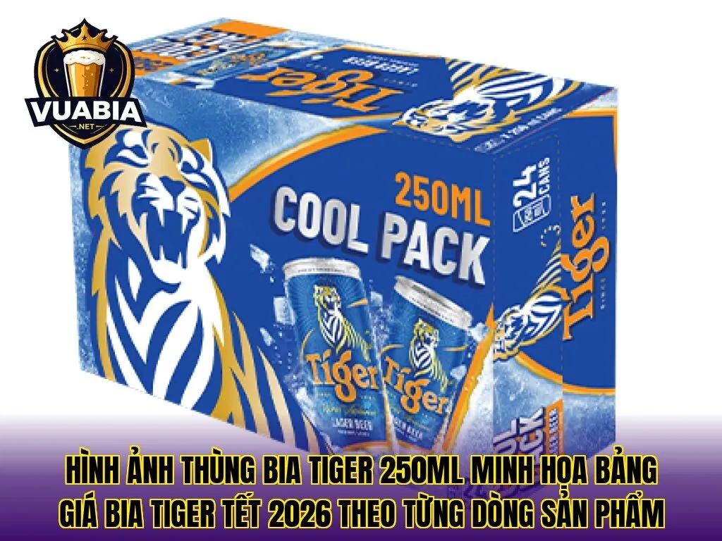 Hình ảnh thùng bia Tiger 250ml minh họa bảng giá bia Tiger Tết 2026 theo từng dòng sản phẩm