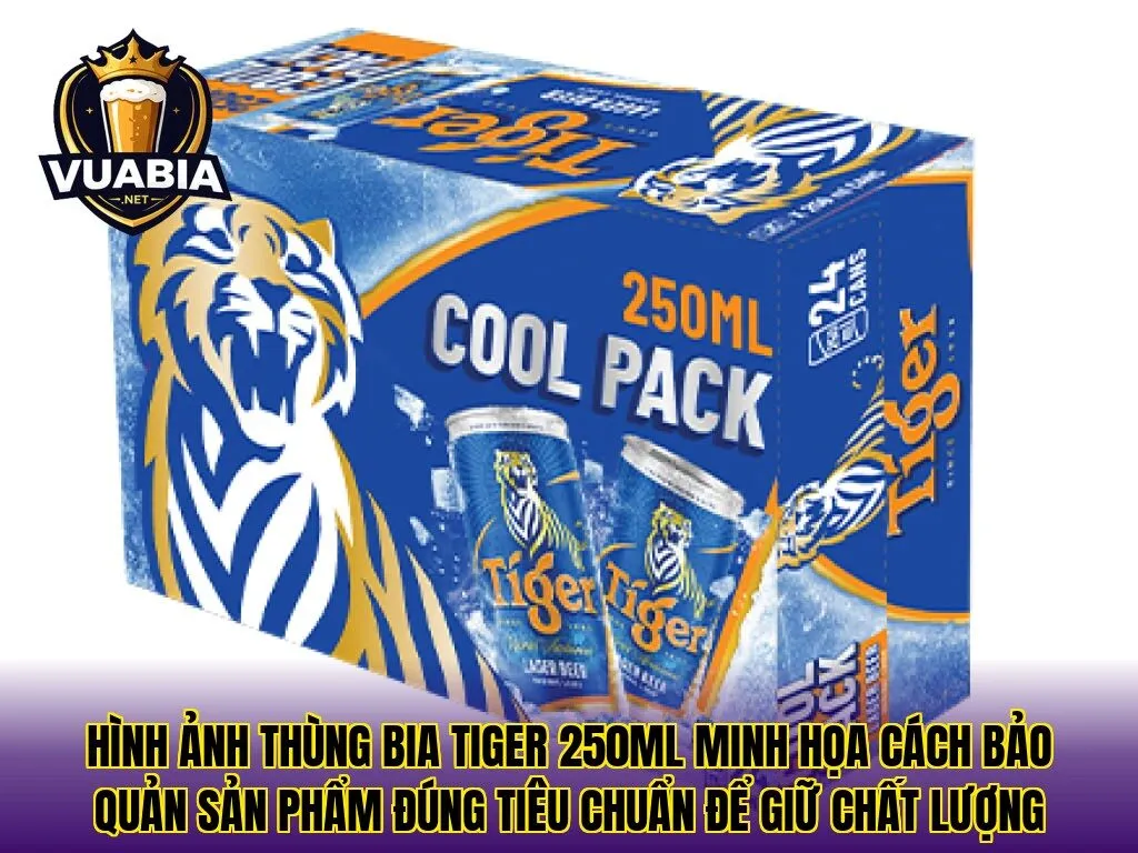 Hình ảnh thùng bia Tiger 250ml minh họa cách bảo quản sản phẩm đúng tiêu chuẩn để giữ chất lượng
