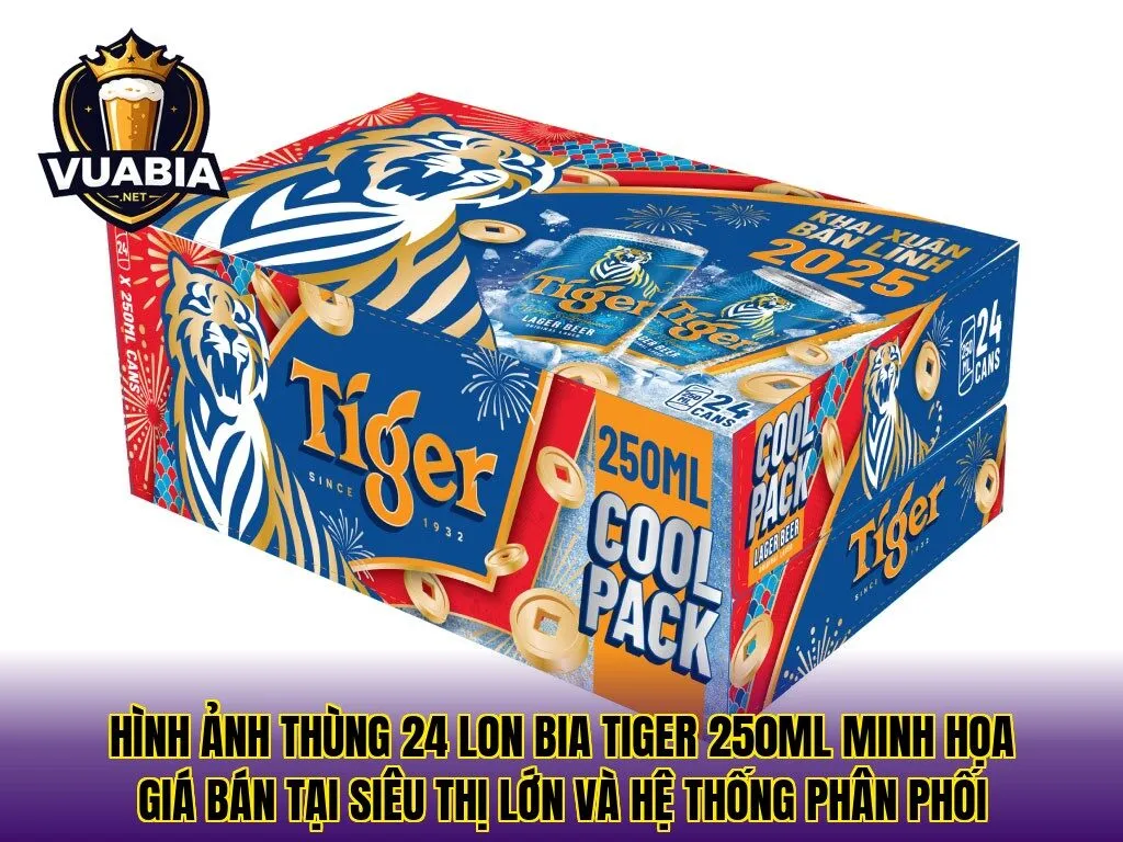Hình ảnh thùng 24 lon bia Tiger 250ml minh họa giá bán tại siêu thị lớn và hệ thống phân phối