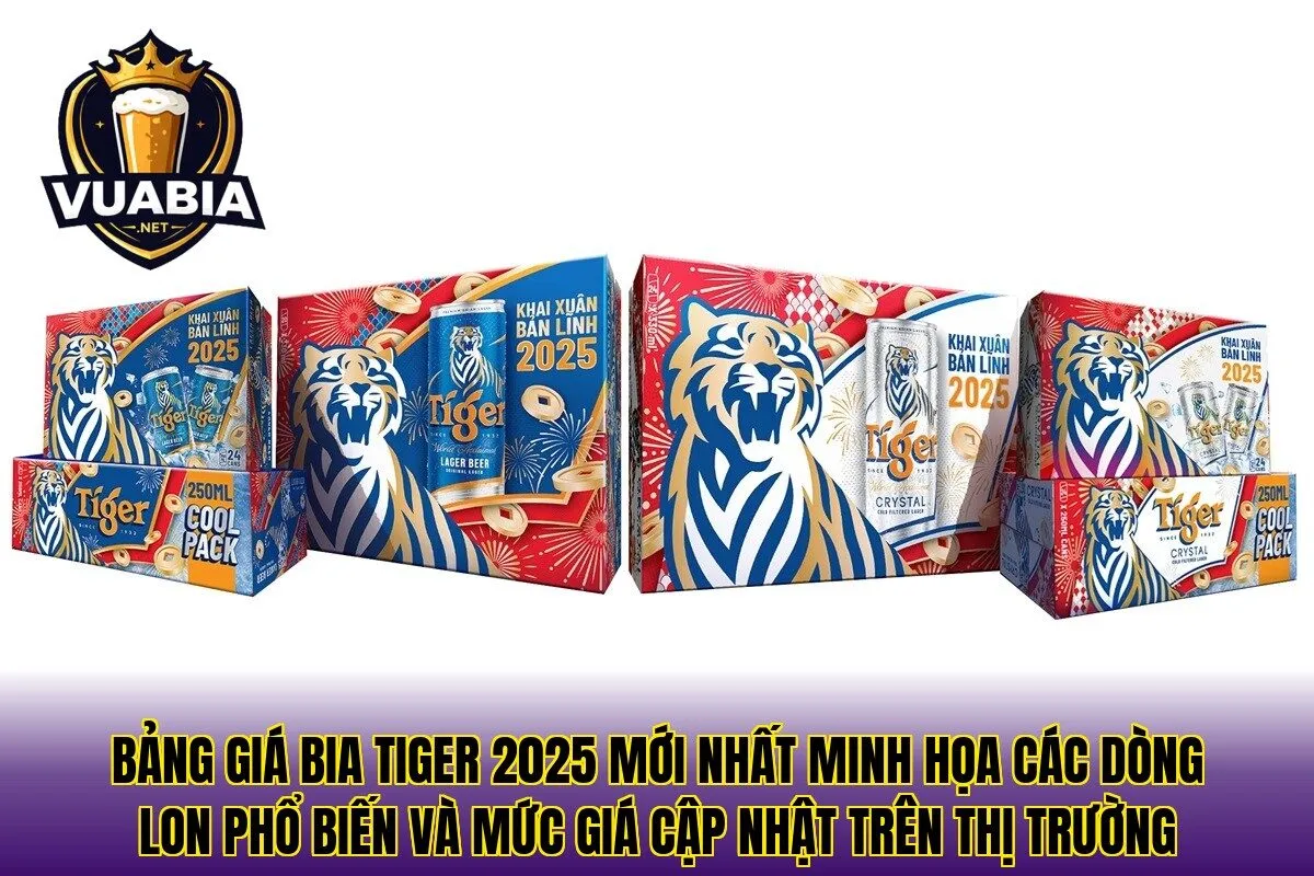 Bảng giá bia Tiger 2025 mới nhất minh họa các dòng lon phổ biến và mức giá cập nhật trên thị trường